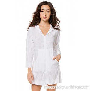 J. VALDI Women's Wovens Hooded Zip Front Tunic Swim Cover Up White B07LBZF6GD